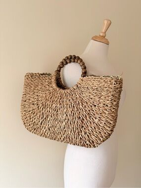 Large Handwoven Straw Tote | Wooden Bead Handles | Boho Beach Bag